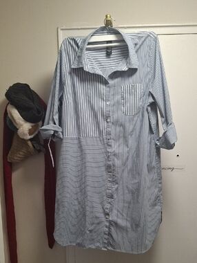 Olsen Striped Button-Down Shirt Dress Blue White XL